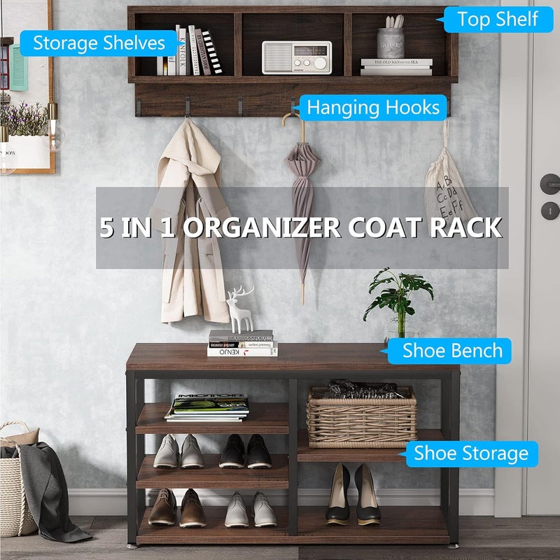 Tribesigns Industrial [Shoe] [Rack] [Bench] with Coat [Rack] Set with Hall Tree, 3 Storage Cubbies, 7 Hooks for Entryway, Hallway, 5-in-1Design, Rustic Brown - Image 5